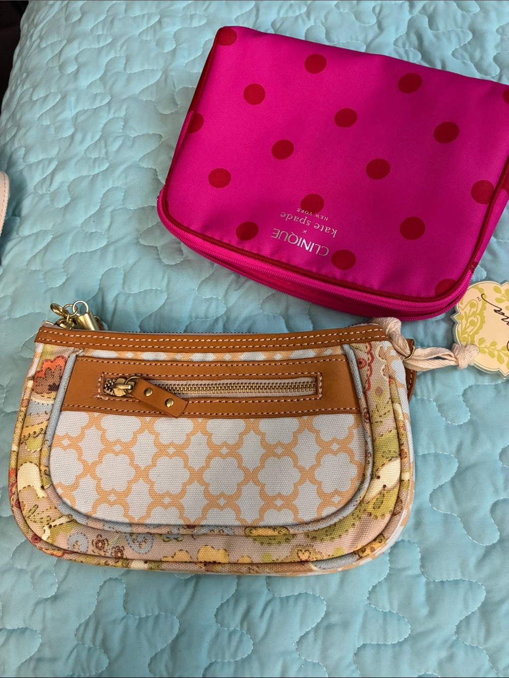 Clinique by Kate SHot Pink Polka Dot Cosmetic Pouch with Beige Floral Wristlet.